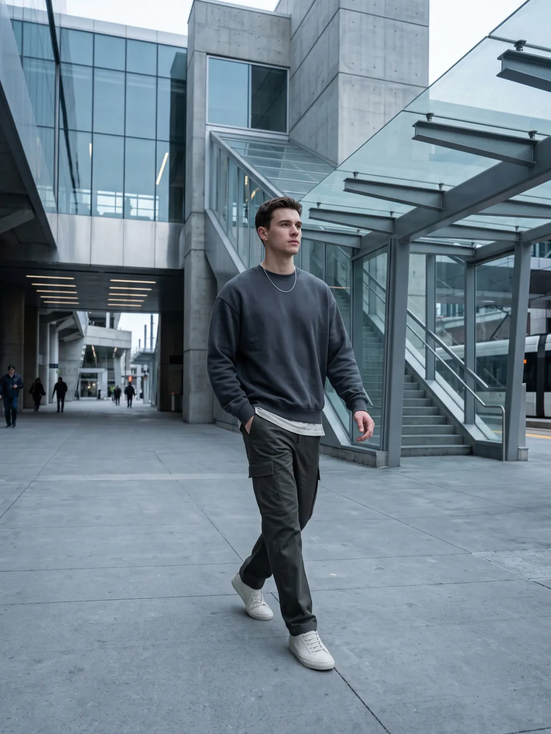 Man in a dark sweatshirt and cargo trousers walking past a glass and concrete transit station