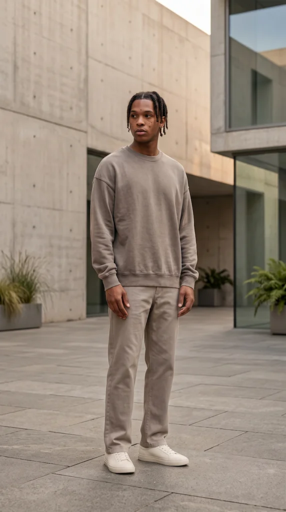 Man wearing a taupe sweatshirt and relaxed trousers in a modern concrete courtyard