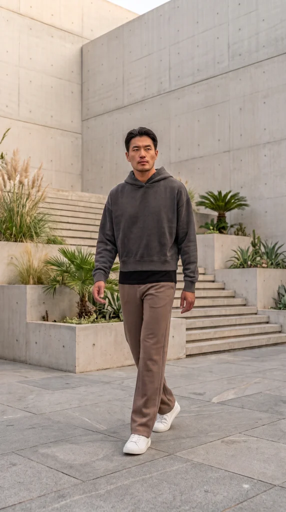 Man wearing a charcoal hoodie and relaxed trousers walking through a modern concrete courtyard
