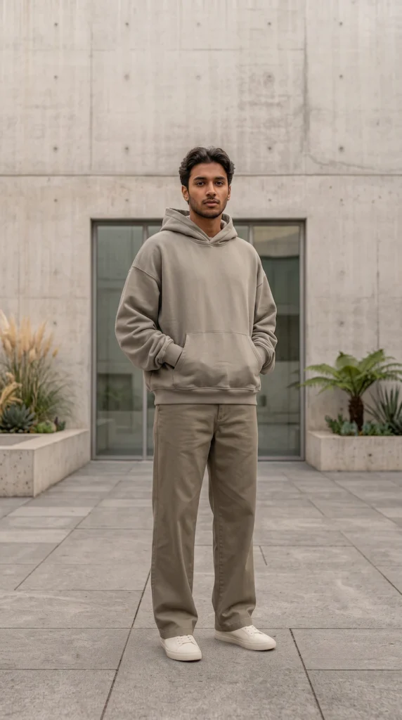 Man wearing an oversized taupe hoodie and relaxed trousers in a modern concrete courtyard
