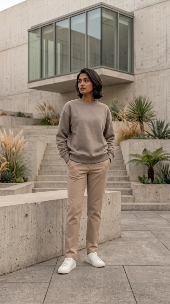 Woman wearing a relaxed taupe sweatshirt and relaxed trousers in a modern concrete courtyard