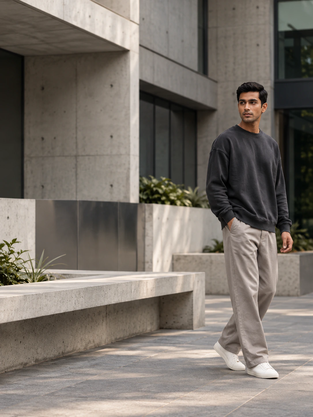 Man wearing a charcoal sweatshirt and light trousers walking through a modern concrete courtyard