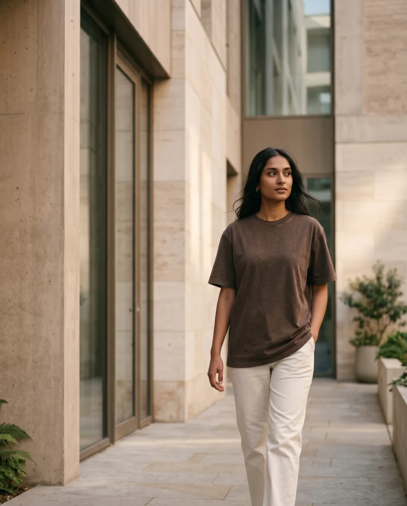 Woman wearing a brown T-shirt and cream trousers walking through a modern courtyard